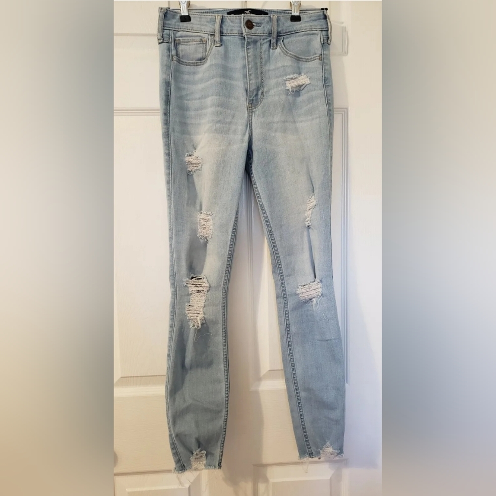 ❤️ HOLLISTER  JUNIORS DISTRESSED HIGH-RISE CROP SUPER SKINNY JEANS 1R W 25 L 26 - Picture 3 of 11